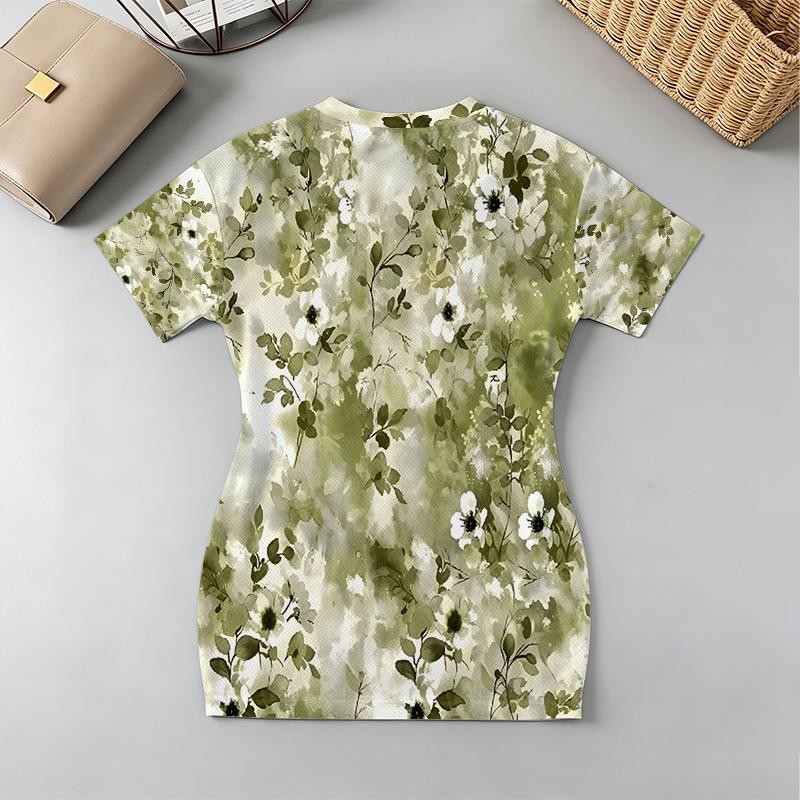 Short Sleeve Floral V-Neck Bodycon Dress, Soft Fabric, Sweet Cool Style – Perfect for Beach Vacation, Daily Casual, Afternoon Tea, Versatile Chic.