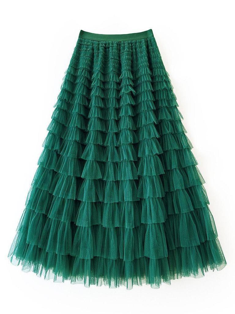 Women's Layered Mesh Gauze Pleated High Waist Long Skirt - Spring & Autumn Style