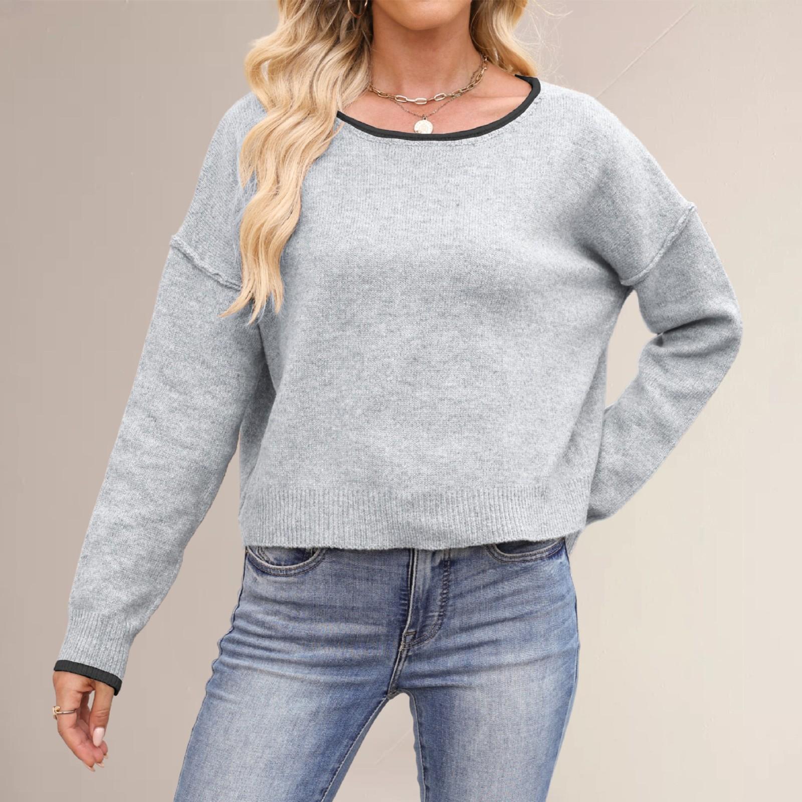 Women s Fashion Casual Round Neck Colorblock Loose All-match Pullover Sweater Top XL 2109₽