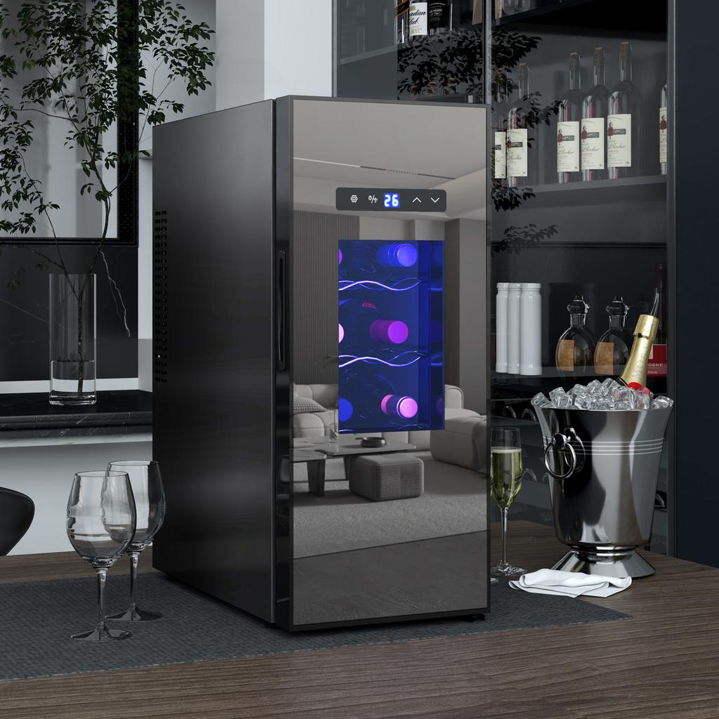 Cantinetta per 12 Bottiglie, con Porta in Vetro, Raffreddatore per Bevande con Luce LED, Touch Screen, Nero