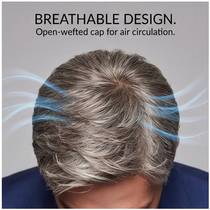 Men’s Grey Short Fluffy Side-Part Synthetic Wig, Adjustable Breathable Cap, Natural Look for Daily & Casual Occasions