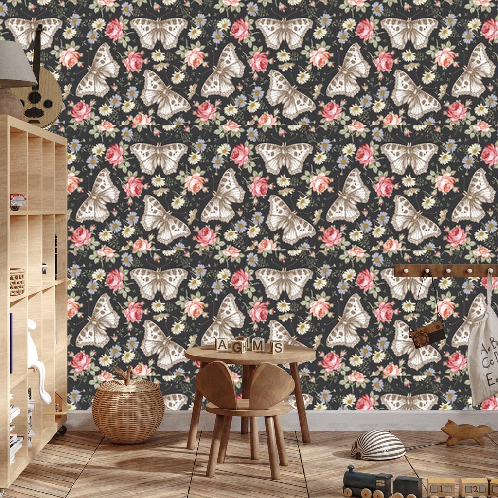 Wallpaper Butterflies Roses Flowers and Leaves for Living Room and Bedroom 50x1000
