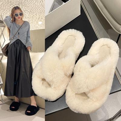 Fashion Warm Winter Shoes Women's Fur Slippers Soft and Comfortable Slippers Women's Plush Home Slippers Cross Strap Open Toe