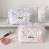 Quilted Makeup Bag Lace Bow Zipper Ruffles Pen Bag Sweet Toiletry Case  for Women Girls