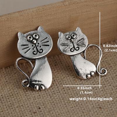 Cute Cartoon Cat Stud Earrings Zinc Alloy Silver Plated Ear Jewelry Boho Retro Style Animal Earrings For Women