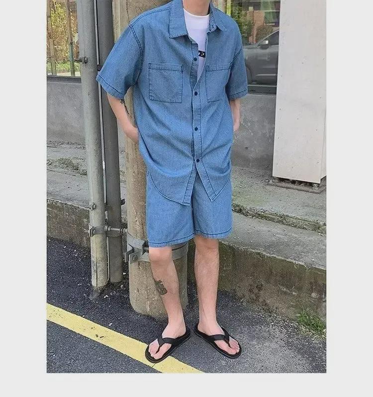 2023 Summer Men's Wash Denim Two-Piece Suit: Short-Sleeved Shirt & Half Pants Casual Set