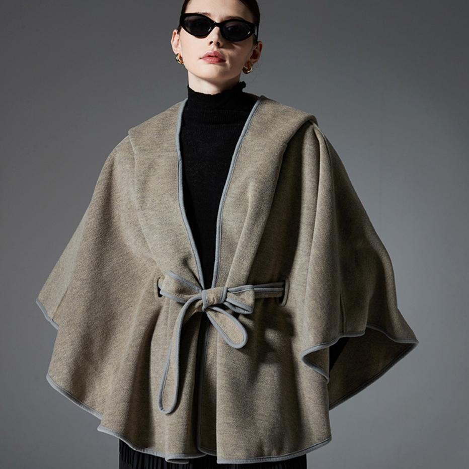 Damen Doppelseitiger Wollähnlicher Kapuzen-Cape-Schal, Poncho-Wickelmantel mit Schleifenband, 143×123cm Dicke Warme Oberbekleidung für Herbst Winter