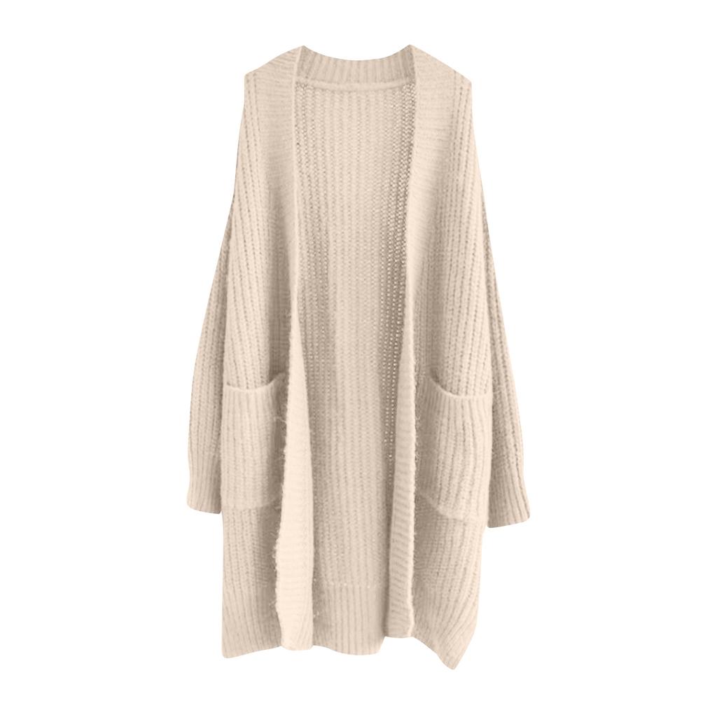Women's Solid Color Long Sleeved Knee Length Knitted Cardigan, Lazy Trend, Medium Long Hair Jacket