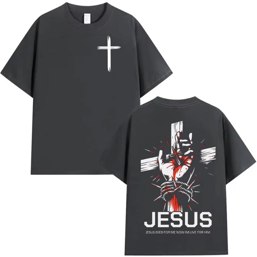 Christian Jesus Died for Me Now Im Live for Him Bible Verse Print T-shirts Men Women Retro Cotton Hort Sleeve T Shirt Streetwear