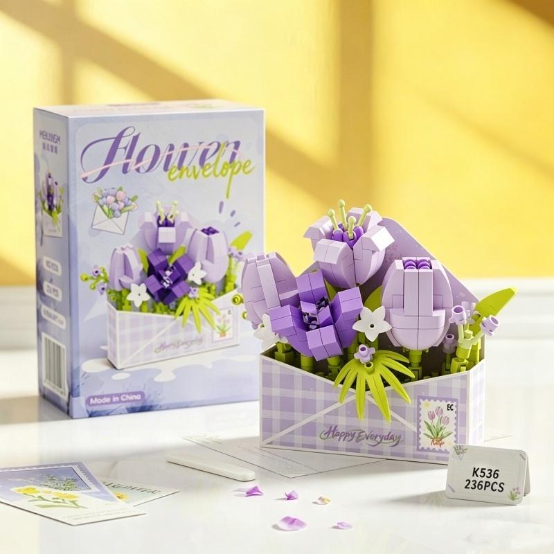 Simulated Flower Building Blocks Sunflower Rose Tulip Model Ornaments Children's Educational Assembly Toys Desktop Decoration