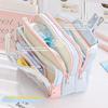 Kids Large Capacity Canvas Pen Bag With Transparent Pocket For School Stationery Storage