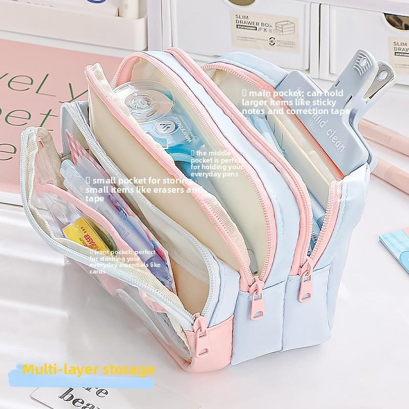 Kids Large Capacity Canvas Pen Bag With Transparent Pocket For School Stationery Storage