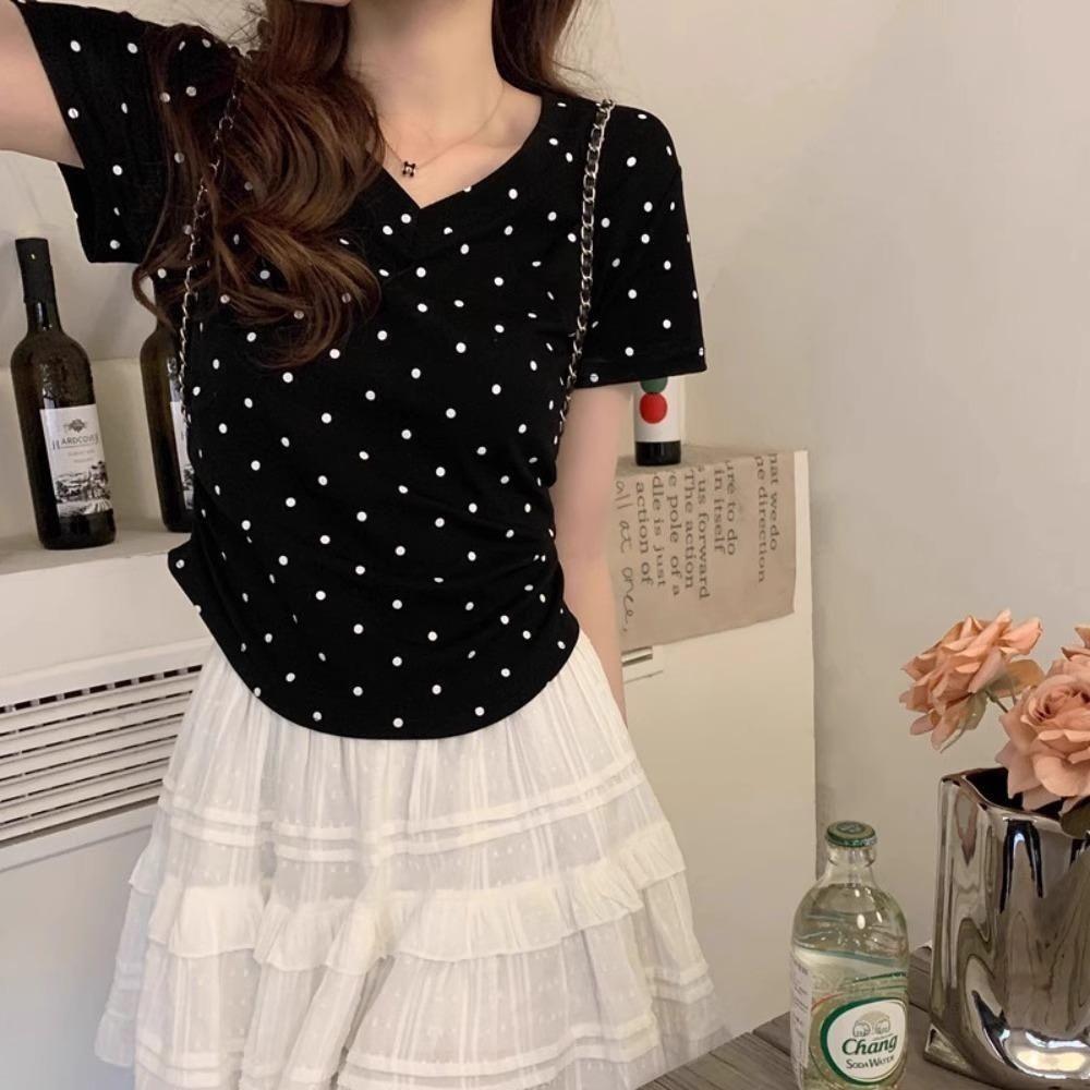 

Gray polka dot V-neck front shoulder short-sleeved T-shirt women s summer 2025 new waist thin short top S чёрный