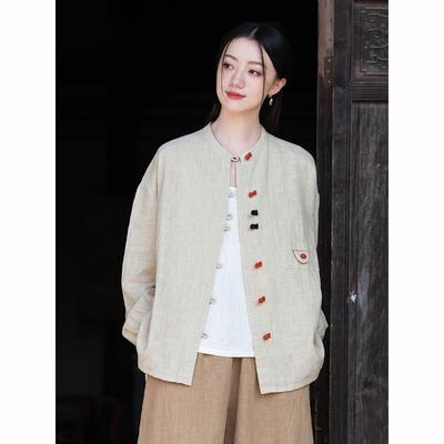 Spring Cotton  Linen Women's Clothing Art Retro Cotton  Linen  Shirt Women's Color Blocked Button Up Cardigan Jacket