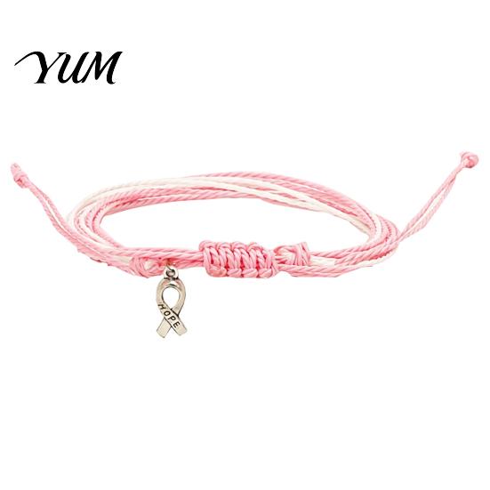 Breast Cancer Awareness Gifts Bracelet for Women, Adjustable Woven String with Handwoven Rope Wristband Ribbon Charm, Handmade Braided Survivor