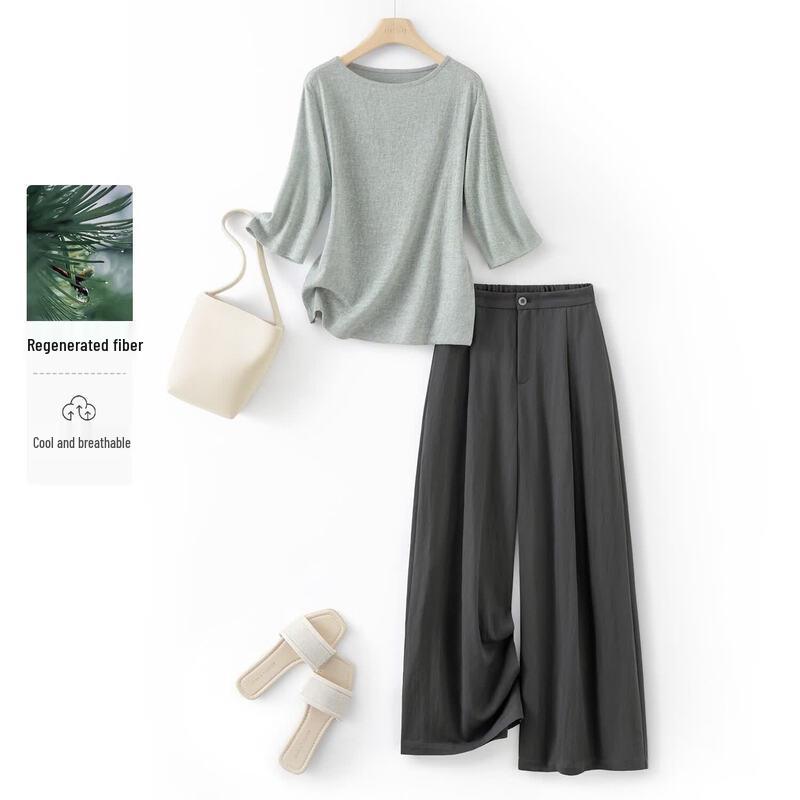 IHIMI Women s Summer Relaxed Cooling T-Shirt & Wide-Leg Pants Set M