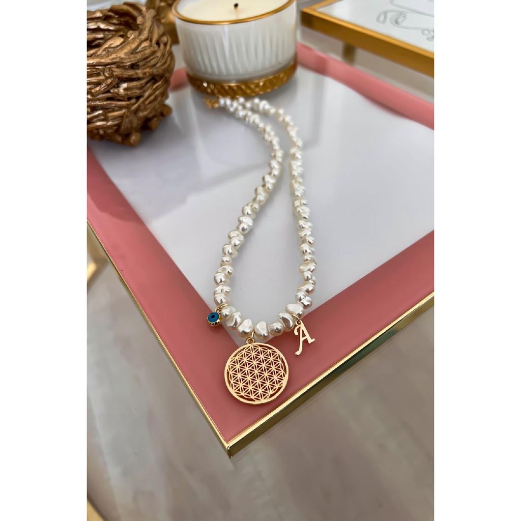 Personalizovaný náhrdelník z perlové řady Květ života s písmenem A a přívěskem Zlé oko