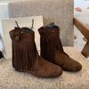 Retro fringed short boots for women~ Winter 2025 new versatile willow nail short boots fashionable British western boots