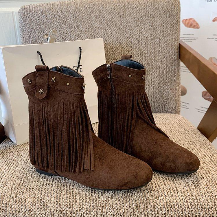 Retro fringed short boots for women~ Winter 2025 new versatile willow nail short boots fashionable British western boots