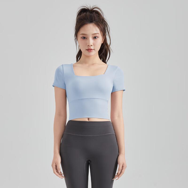 OEING Square Neck Yoga Short Sleeve Fitness Top with Built-in Bra