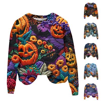 Damska Moda Casual Długi Rękaw Halloweenowy Nadruk Okrągły Dekolt Bluza z Kapturem Top