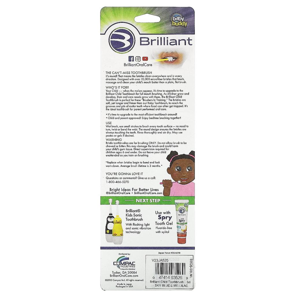Brilliant, Children's Toothbrush, Ages 2-5, Blue, Yellow, Purple, 3 Toothbrushes