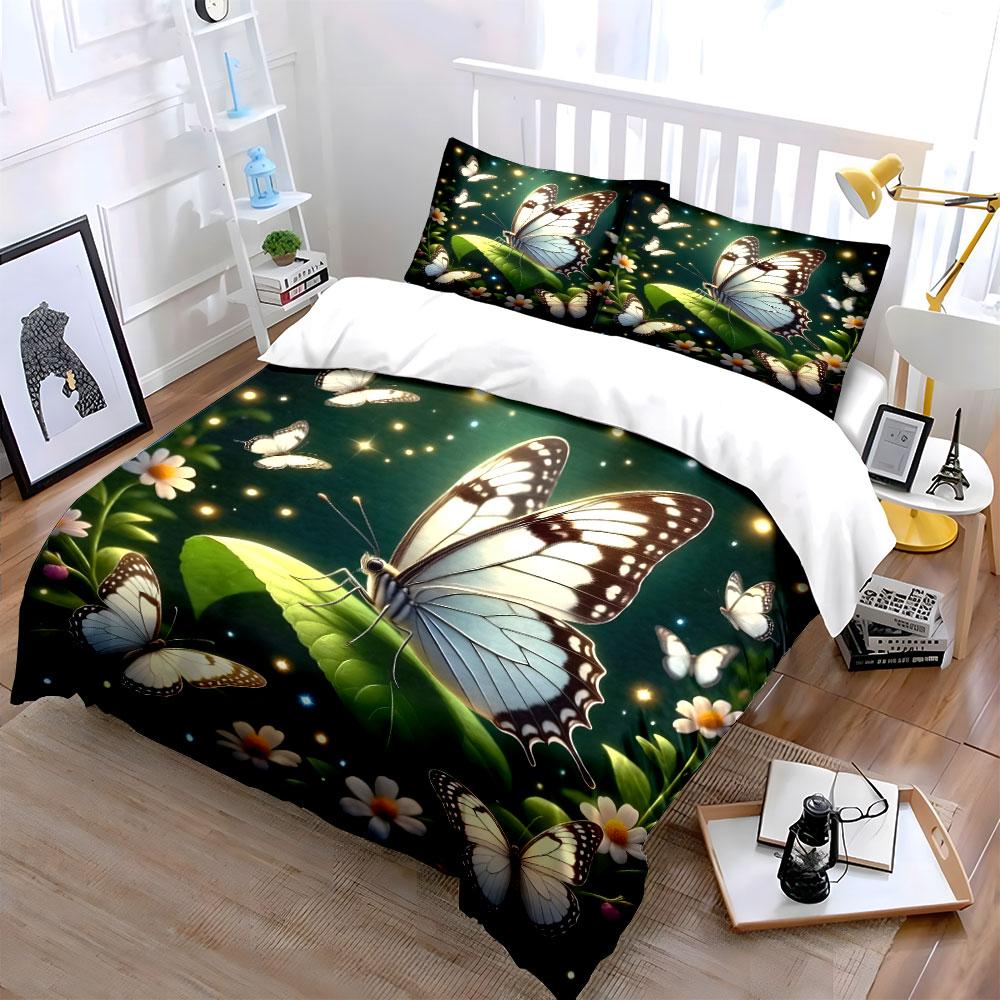 Butterflies And Flowers Night Scene Print Bedding Set 1 Duvet Cover 2 Pillowcases For Adult And Children Luxury Gift Full Size