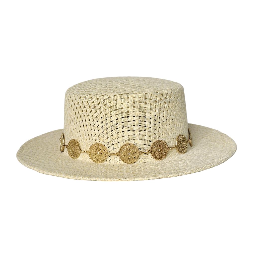 Metal Chain Beach Sun Straw Hats for Women UV Sun Protection Wide Brim Travel Party Hat Hollow Design Boater sombrero de paja
