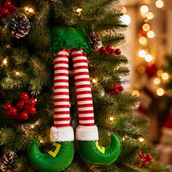 Fun Holiday Party Atmosphere Supplies Christmas Elf Leg Hanging Ornaments, Red Green Striped Fabric Decorations Wall Decor for Tree Fireplace And Car