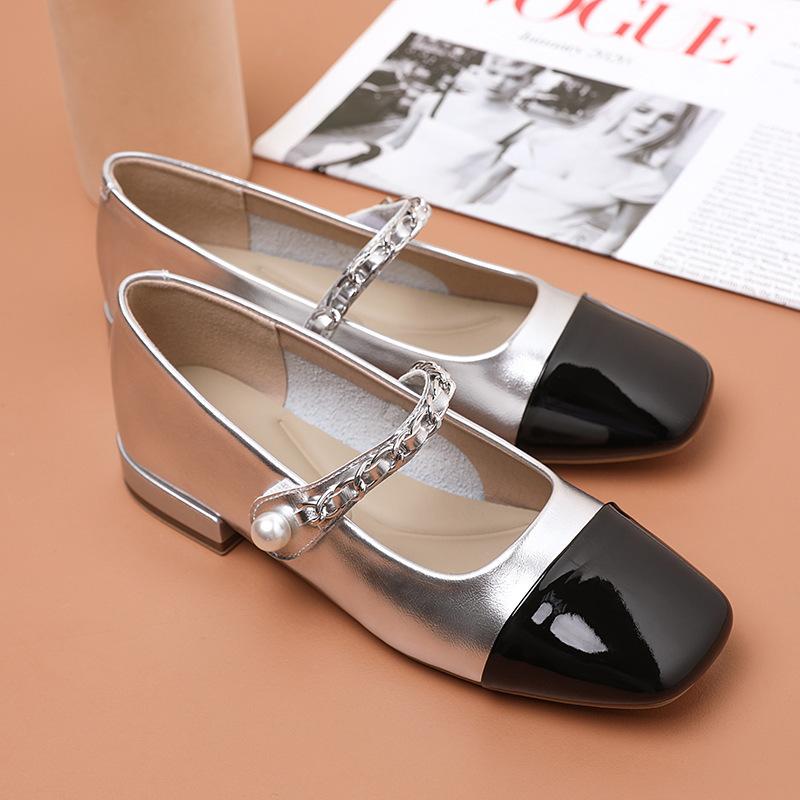 Fashion Luxury Gold/Silver Mary Janes Woman Low Heels Flats Shoes Chain Strap Ballet Loafers Female Cowhide Leather Patchwork Ballerinas