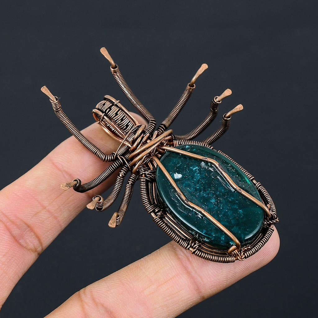 Natural Blue Baltic Amber Gemstone Copper Wire Wrap Spider Pendant 2.56" l5Z78