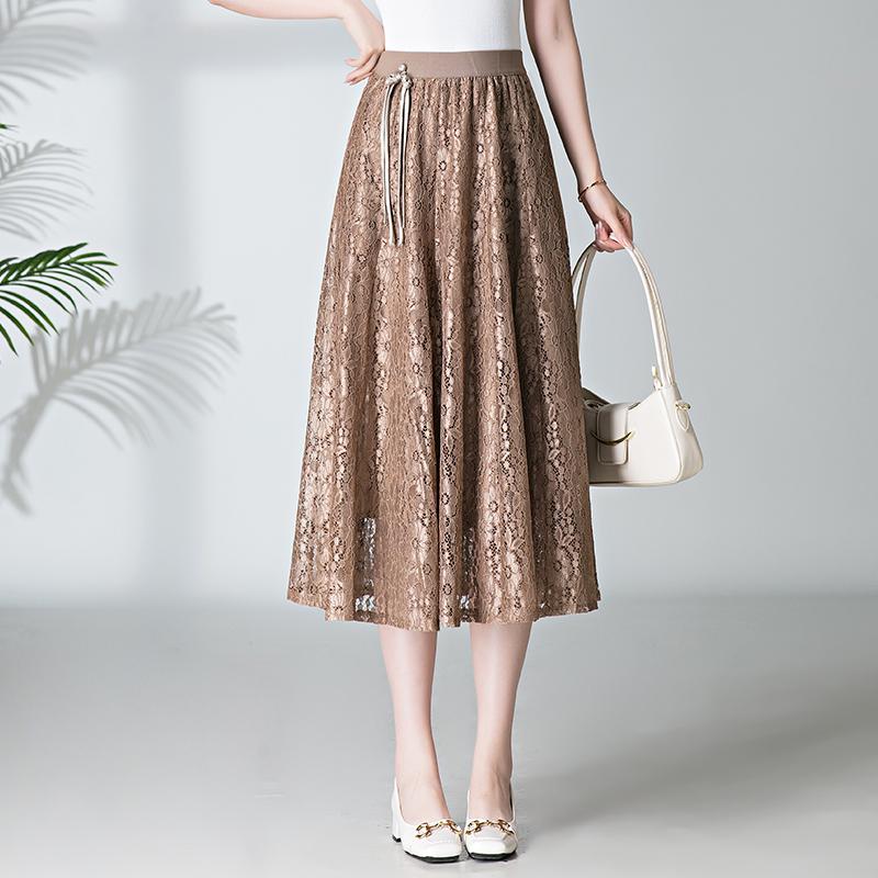 

Брендовая юбка А-силуэта с высокой талией из кружева, органзы и сетки - женская весенне-летняя миди-длина One size, elastic waist suitable for 40-70kg хаки