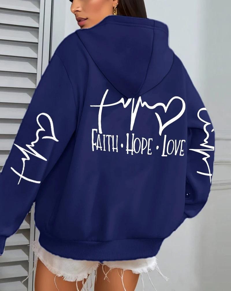 Faith Hope Love Letter Pattern, Printed Women'S Hoodie Autumn Loose Casual Pocket Fleece Pullover