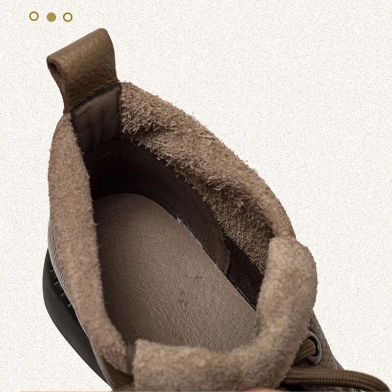 Johnature Retro Women Short Boots Genuine Leather Lace-Up Shoes Handmade Round Toe Soft Sole Flat Boots
