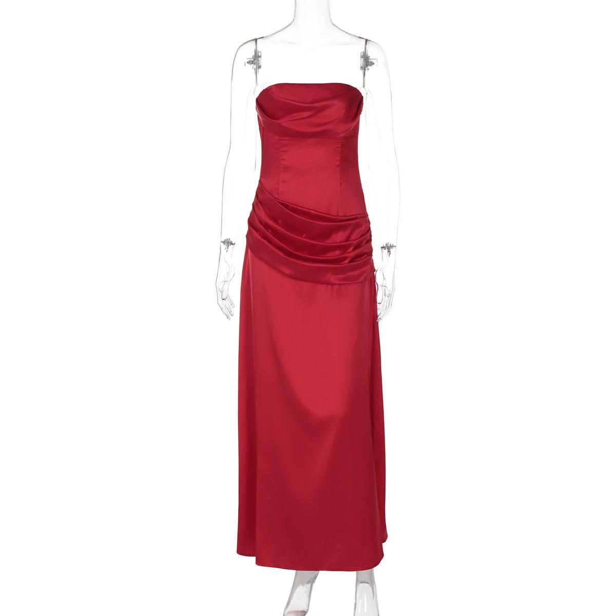 Women Solid Color Satin Ruched Strapless High Waist Bodycon Long Dress S