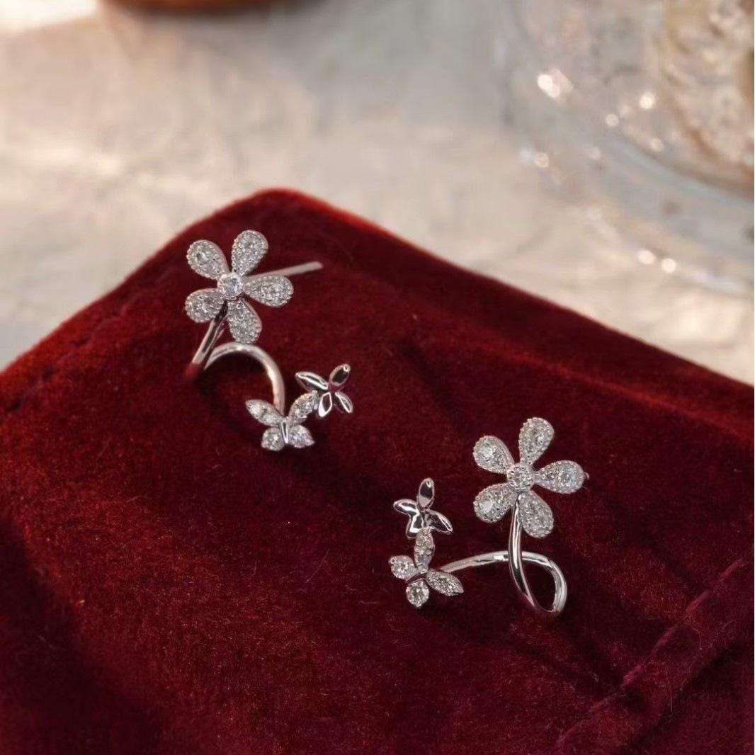 Butterfly & Flower S925 Sterling Silver White Gold Plated Stud Earrings with Zircon 925 Silver