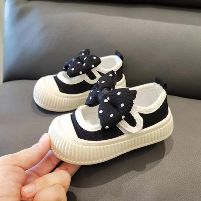 Spring New Sneakers Girl Polka Dots  Bows Child Sneakers Soft Soles Comfor Princess Girls' Shoes Baby Square Mouth Canvas Shoe