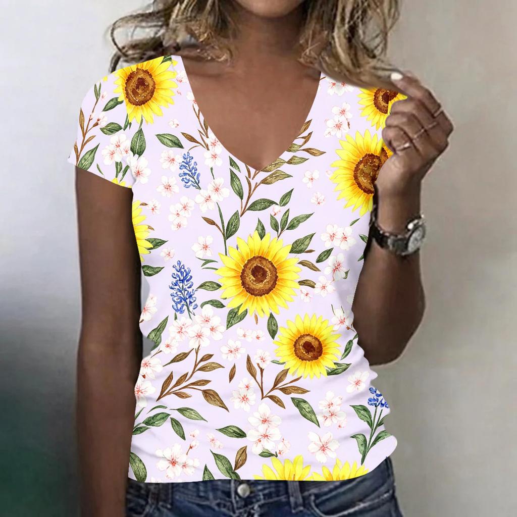 Women’s Casual V Neck Short Sleeve Floral Print T Shirt Top Relaxed Fit Lightweight Summer Tee for Daily Wear