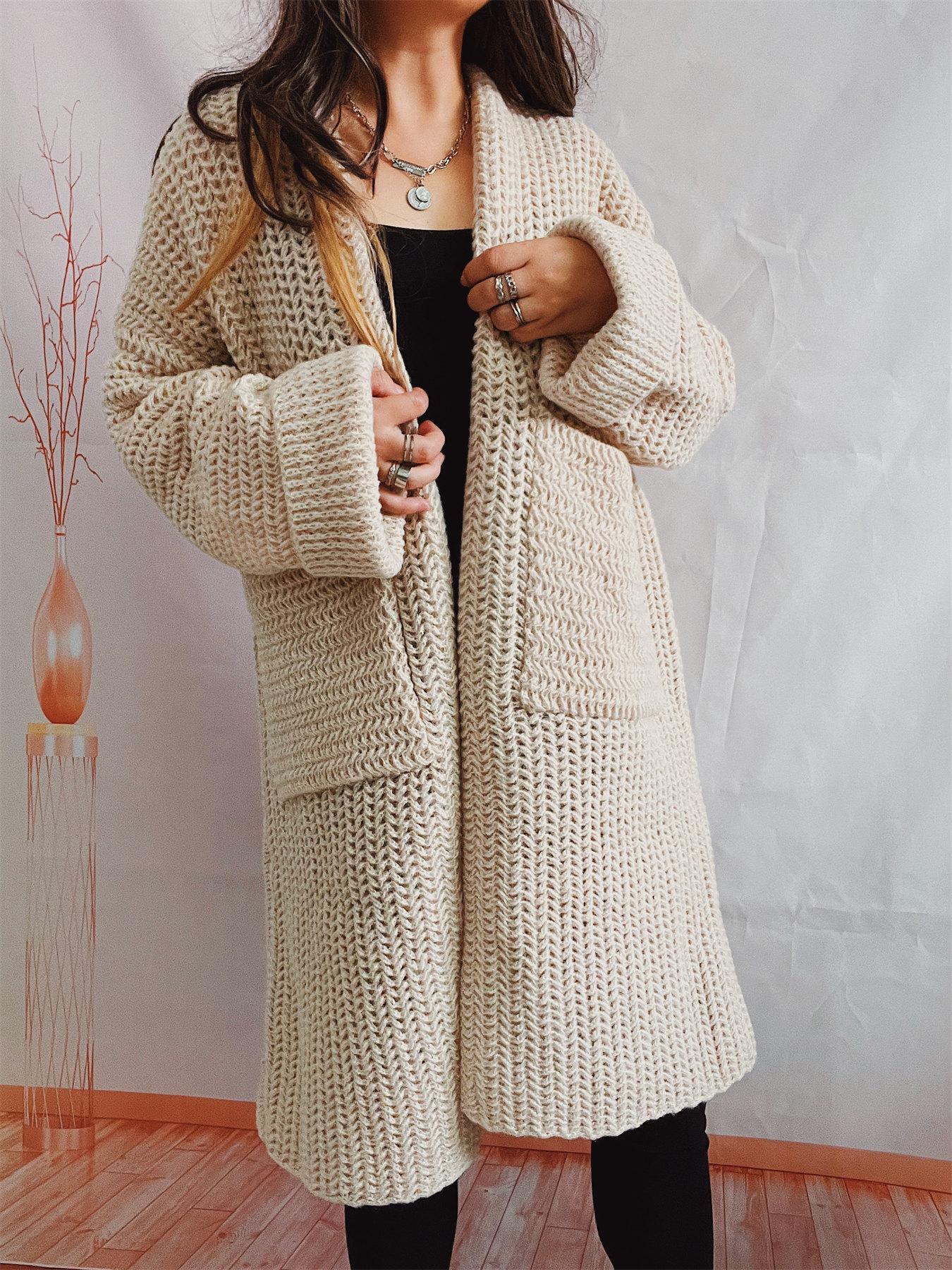 

Autumn and winter new loose solid color large pocket thick long knitted cardigan sweater jacket 3512 XL хакі