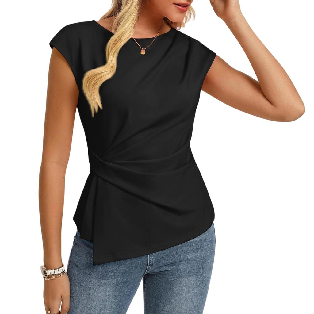 Casual Top voor Dames Effen Kleur Geplooide Top Ronde Hals Korte Mouwen Shirt