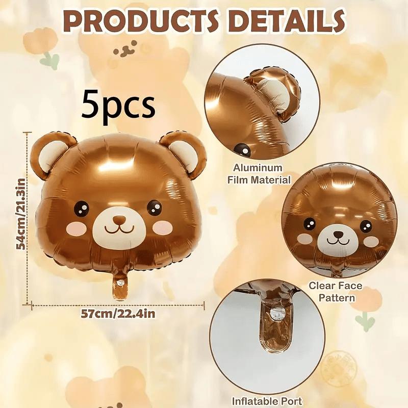 5pcs Cartoon Brown Bear Head Aluminum Foil Balloon Set Cute Animal Theme Party Decoration Birthday Balloons Festival Photo Props