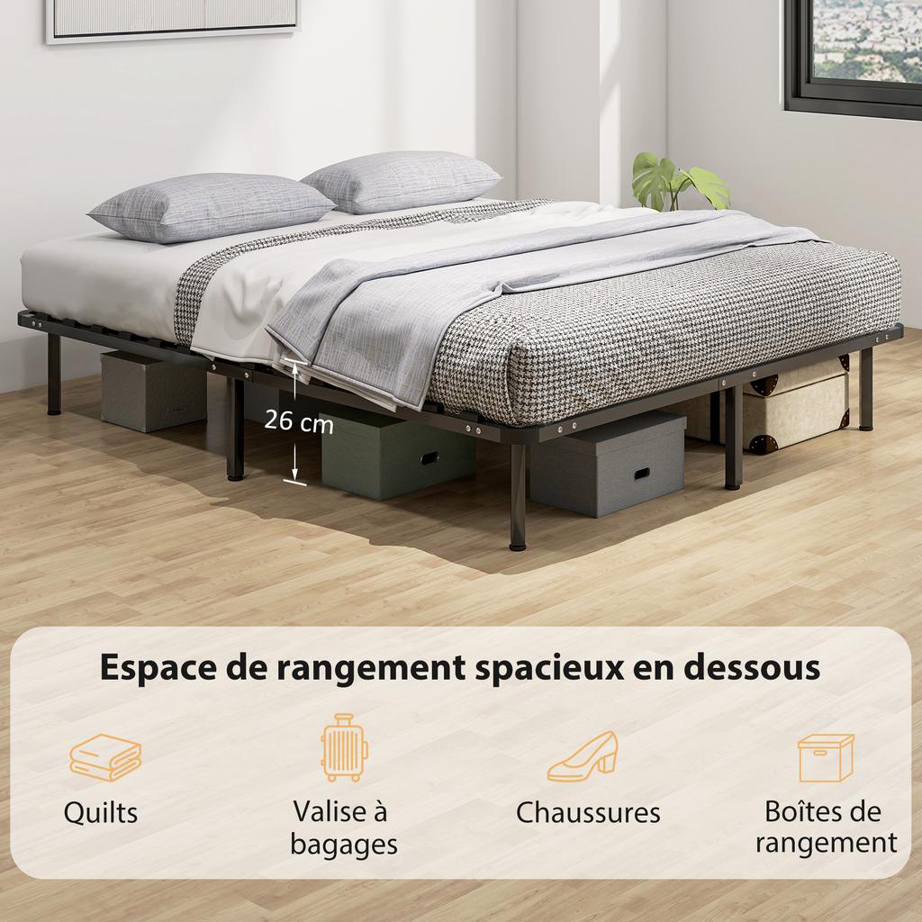 Bed Frame 160 x 190 cm, Double Bed in Solid Wood with Slatted Base and Foot, Storage Underneath, Black