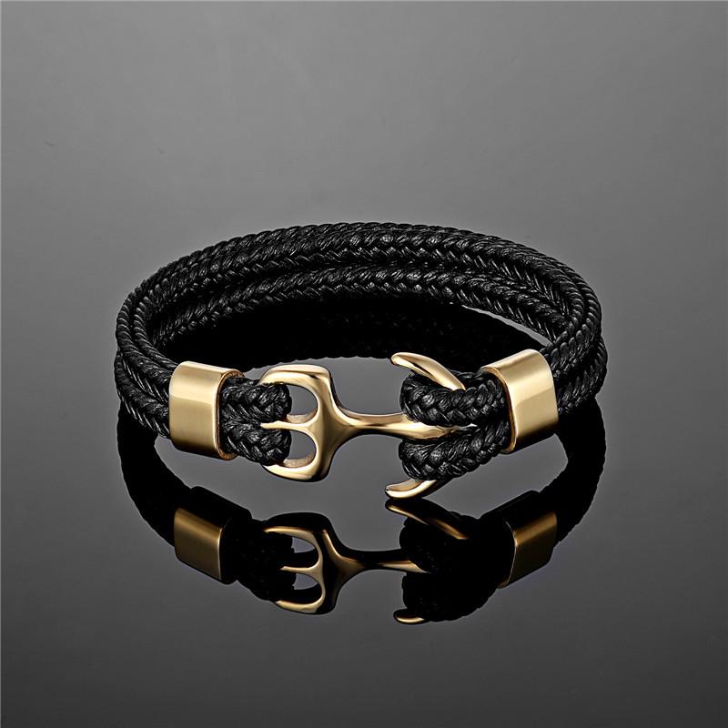 Men Titanium Steel Bracelet Black Cowhide Woven Anchor Leather Rope Bracelet