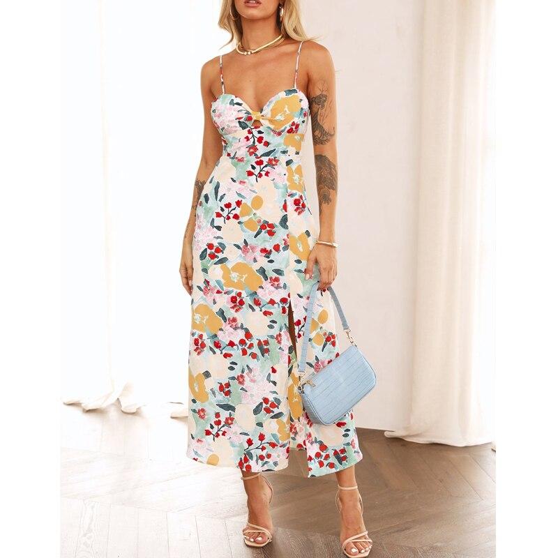 Summer Fashion Chiffon Vintage Dress Women Flower Printed Sleeveless Long Dress For Women Sexy Bandage Backless Dresses 24999