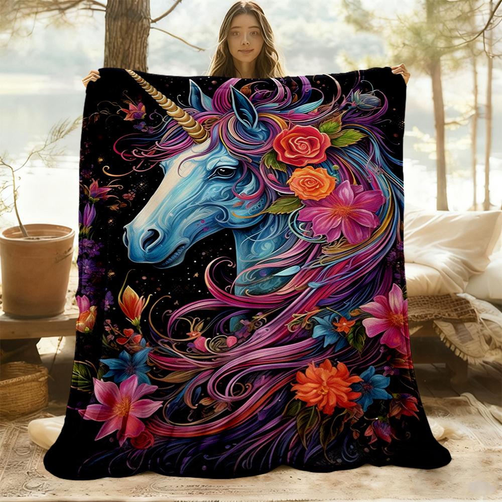 1pc Unicorn Flowers Flannel Blanket, Comfortable and Warm Blanket, for Camping Sofa Bed and Couch Office006