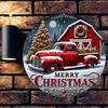 Vintage Red Truck 8 Inch Round Aluminum Metal Sign Merry Christmas Wall Decor Farmhouse Holiday