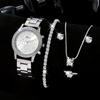 Three-eye Watch with Diamond Alloy Steel Belt Watch Women's Geneva Quartz Watch Set