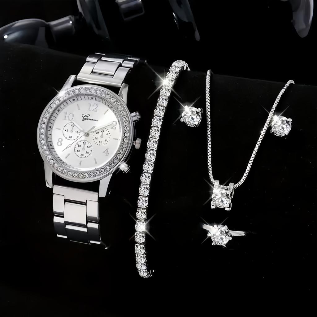 Three-eye Watch with Diamond Alloy Steel Belt Watch Women's Geneva Quartz Watch Set