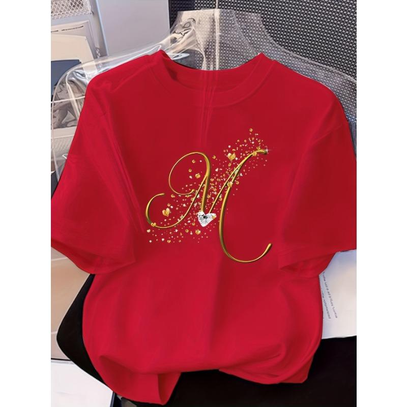 

Women s Casual Short Sleeved T-shirt - M Letter Pattern Print, Regular Round Neck Top, Suitable for All Seasons, Women s Clothing XL