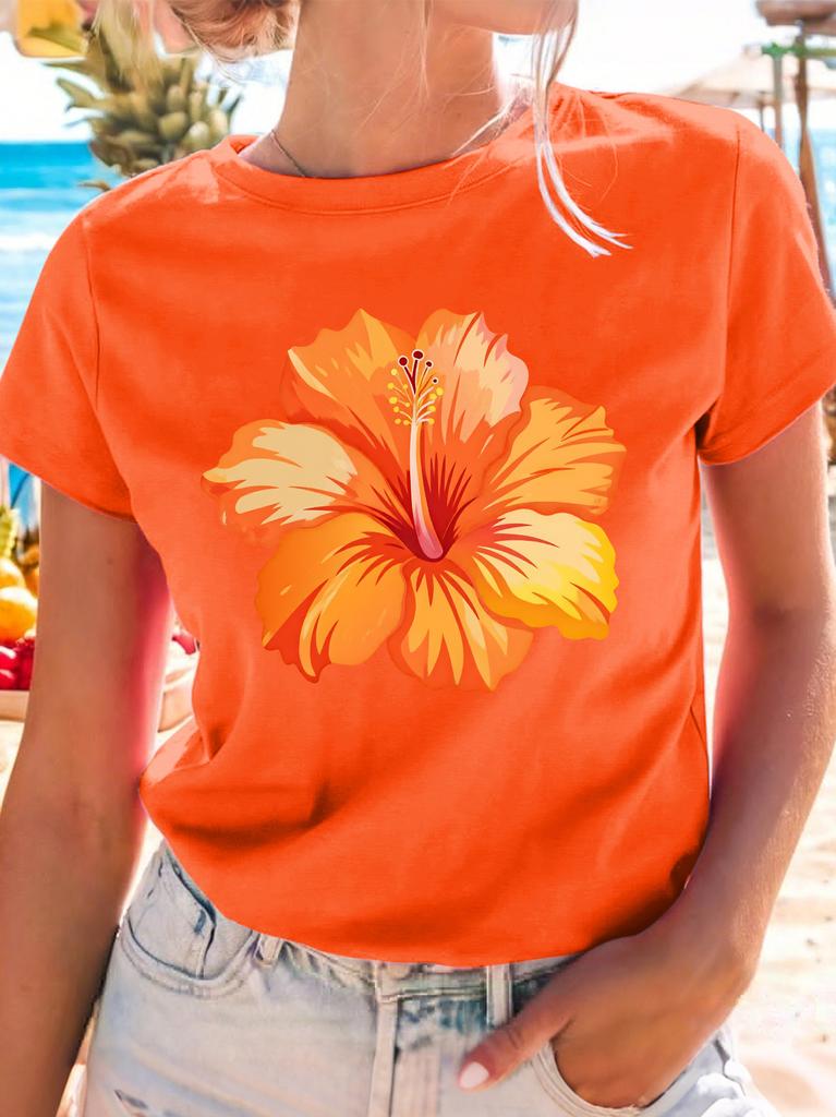 Vibrant Orange Hibiscus Flower Unisexs Crew Neck Short Sleeve T Shirt Tropical Summer Beach Graphic Tees For Ladies Daily Wear